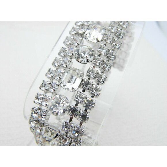 Vintage Art Deco Style Rhodium Silver Tone Clear CZ Rhinestone Wide Bracelet (D) - Picture 4 of 7